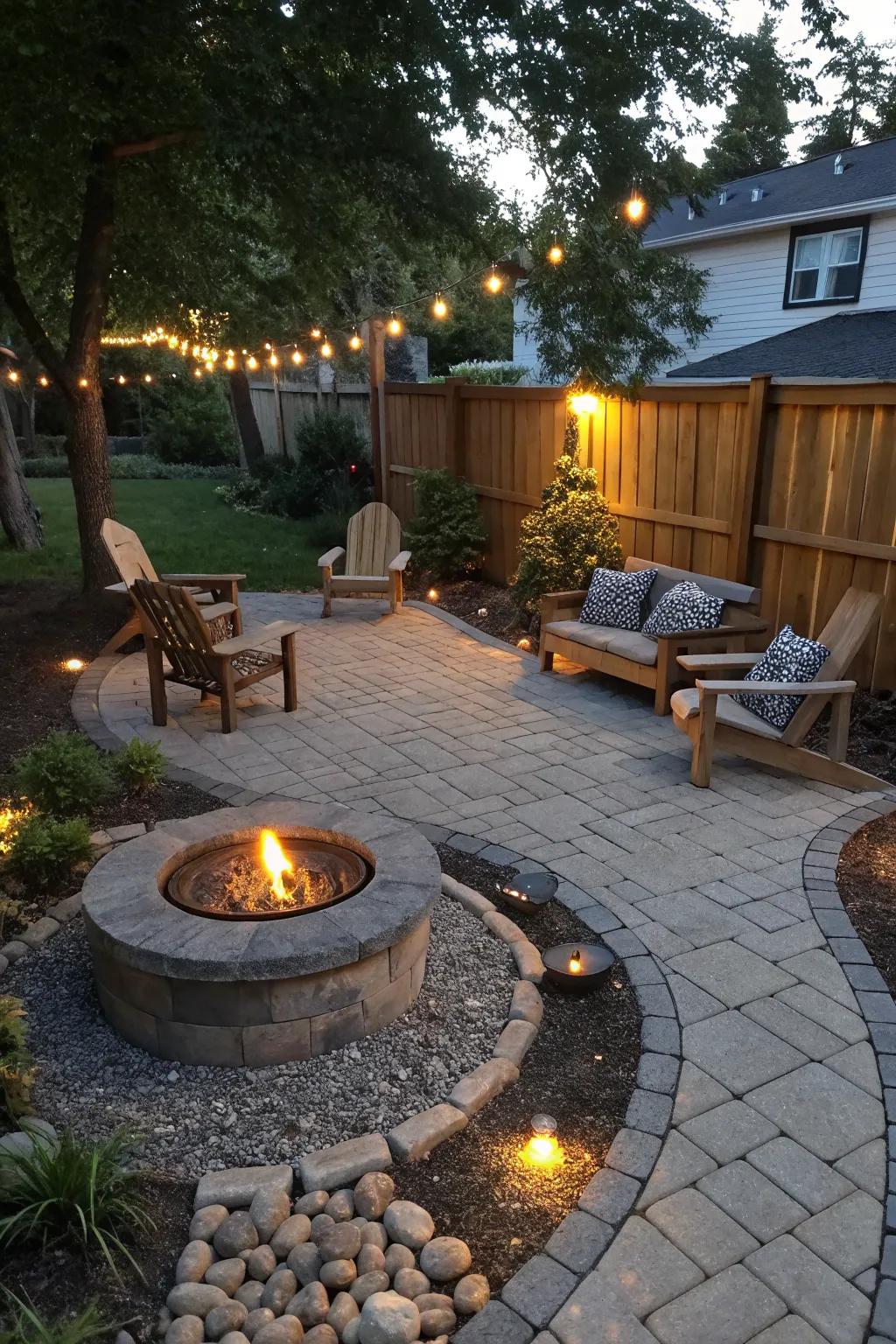 Create a cozy fire pit area with gravel and pavers.