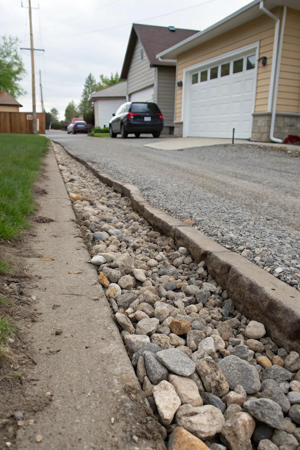 A neatly installed French drain on a gravel driveway.