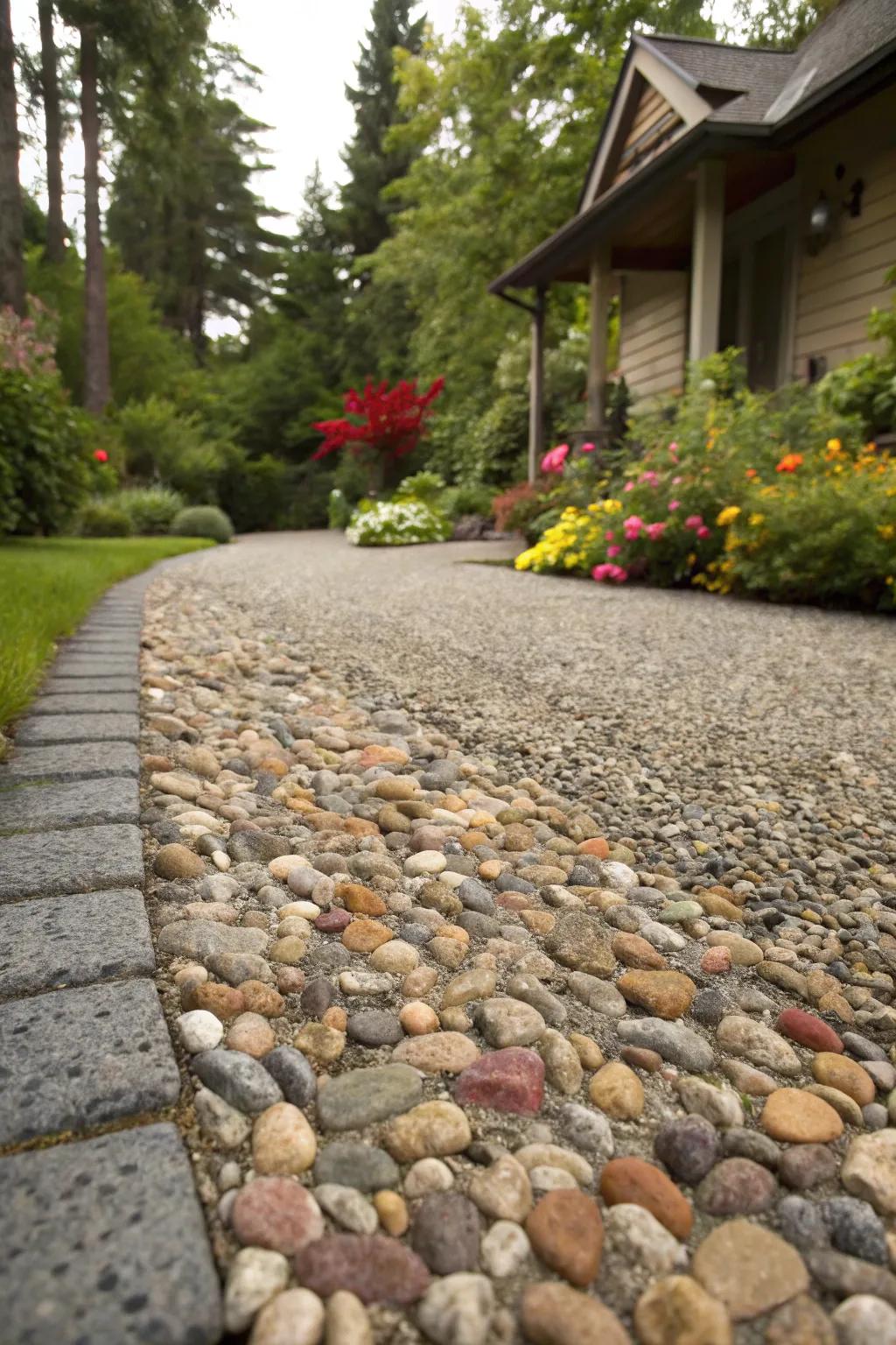 Diverse gravel types bring texture and character to this driveway.