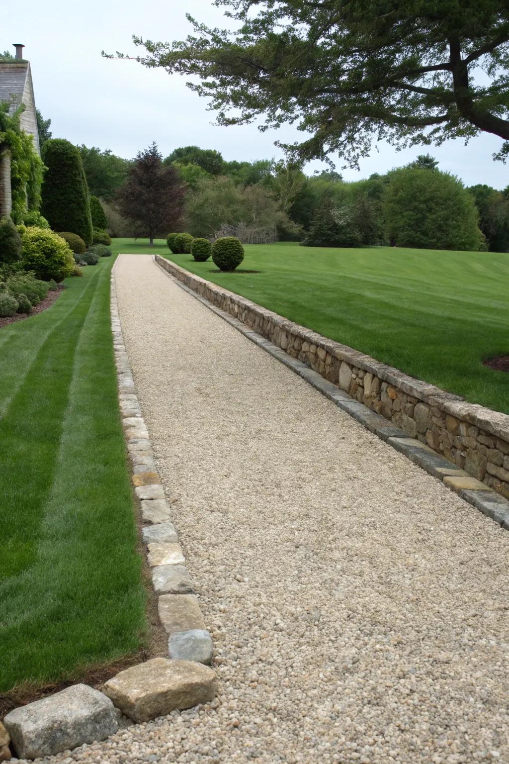 A gravel driveway with beautifully laid stone borders.