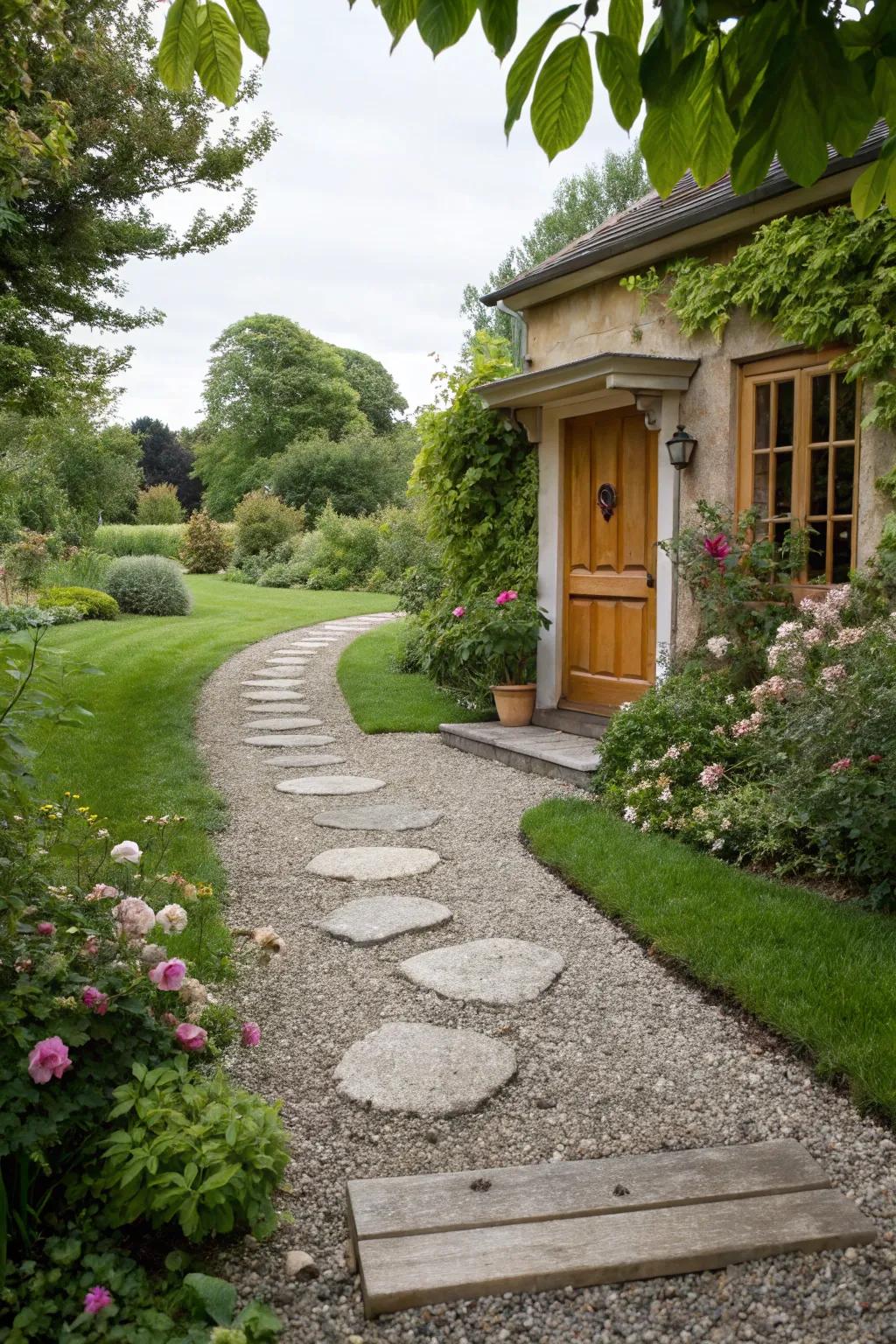 A welcoming entrance with gravel and stepping stones.