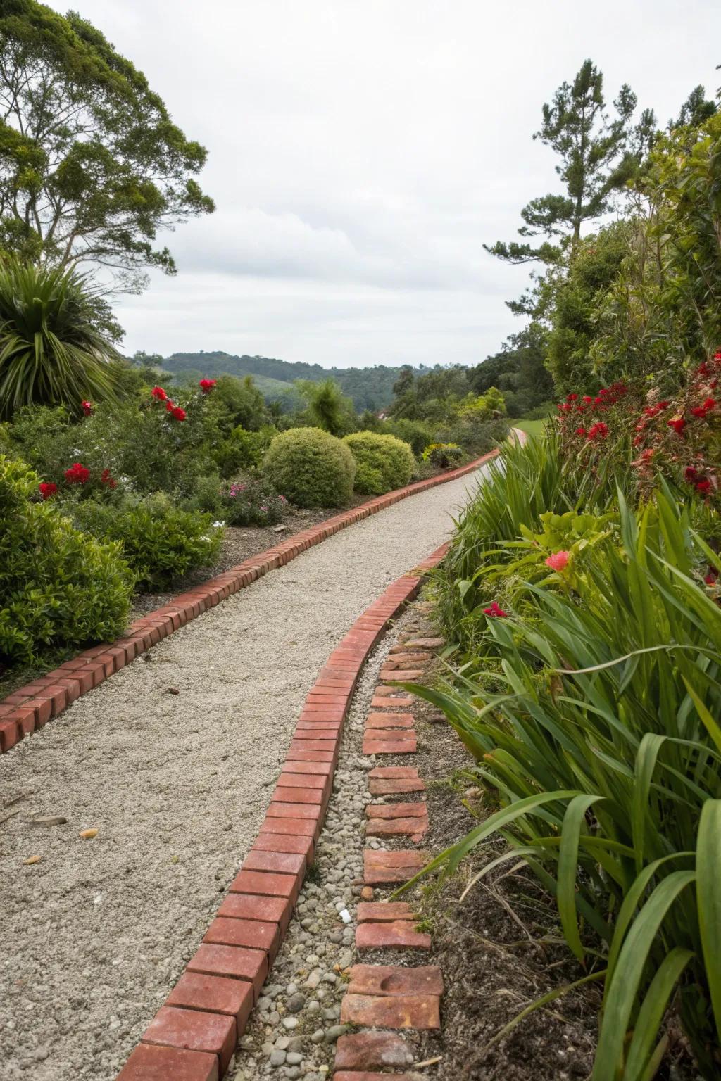 A gravel pathway neatly defined by classic brick edging.