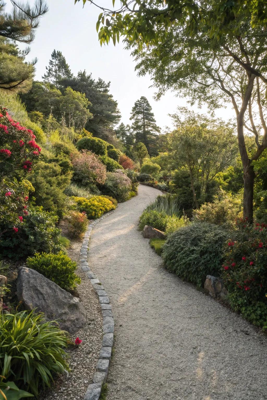 A charming gravel pathway meandering through a garden.