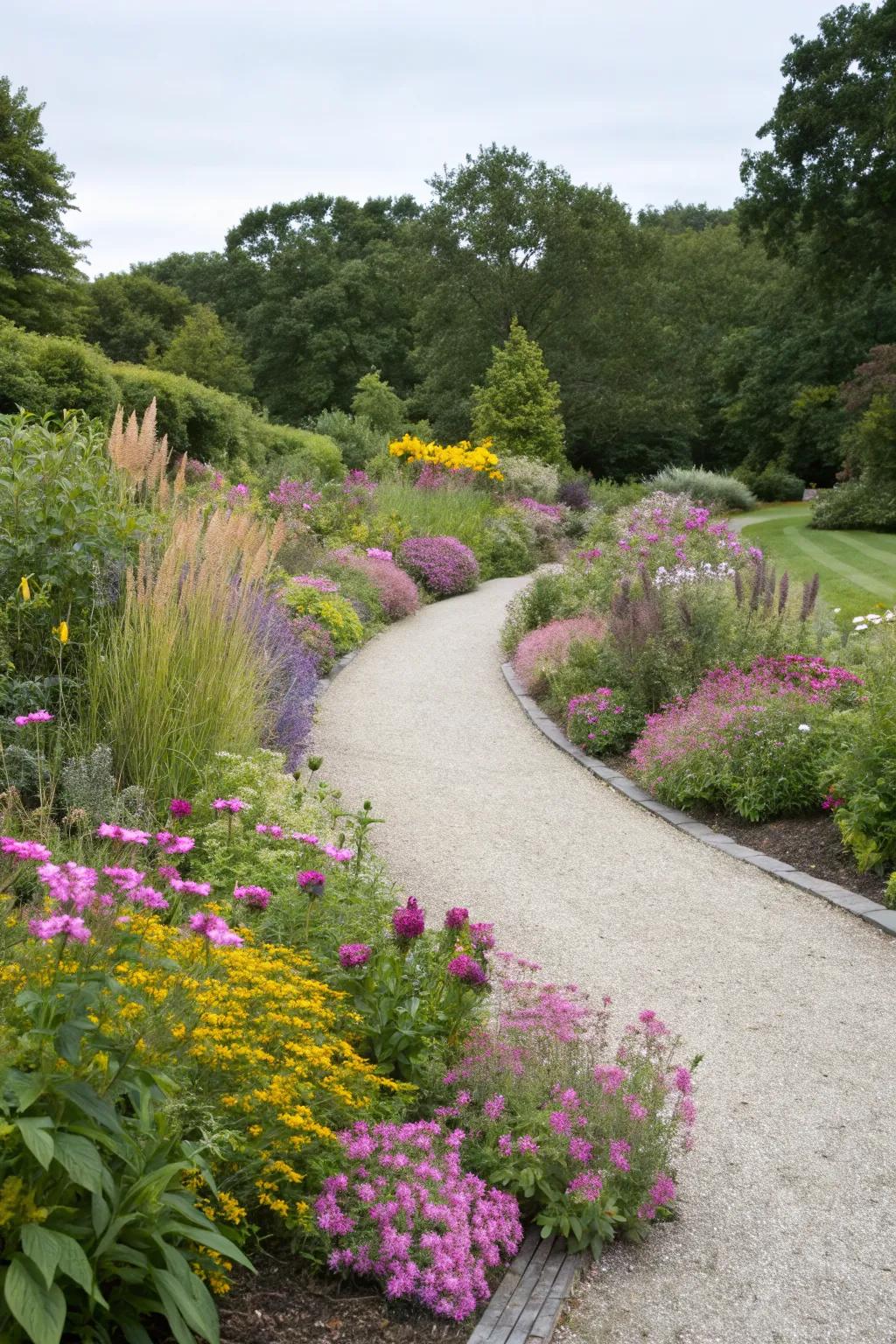 A graceful curved gravel path meandering through a vibrant garden
