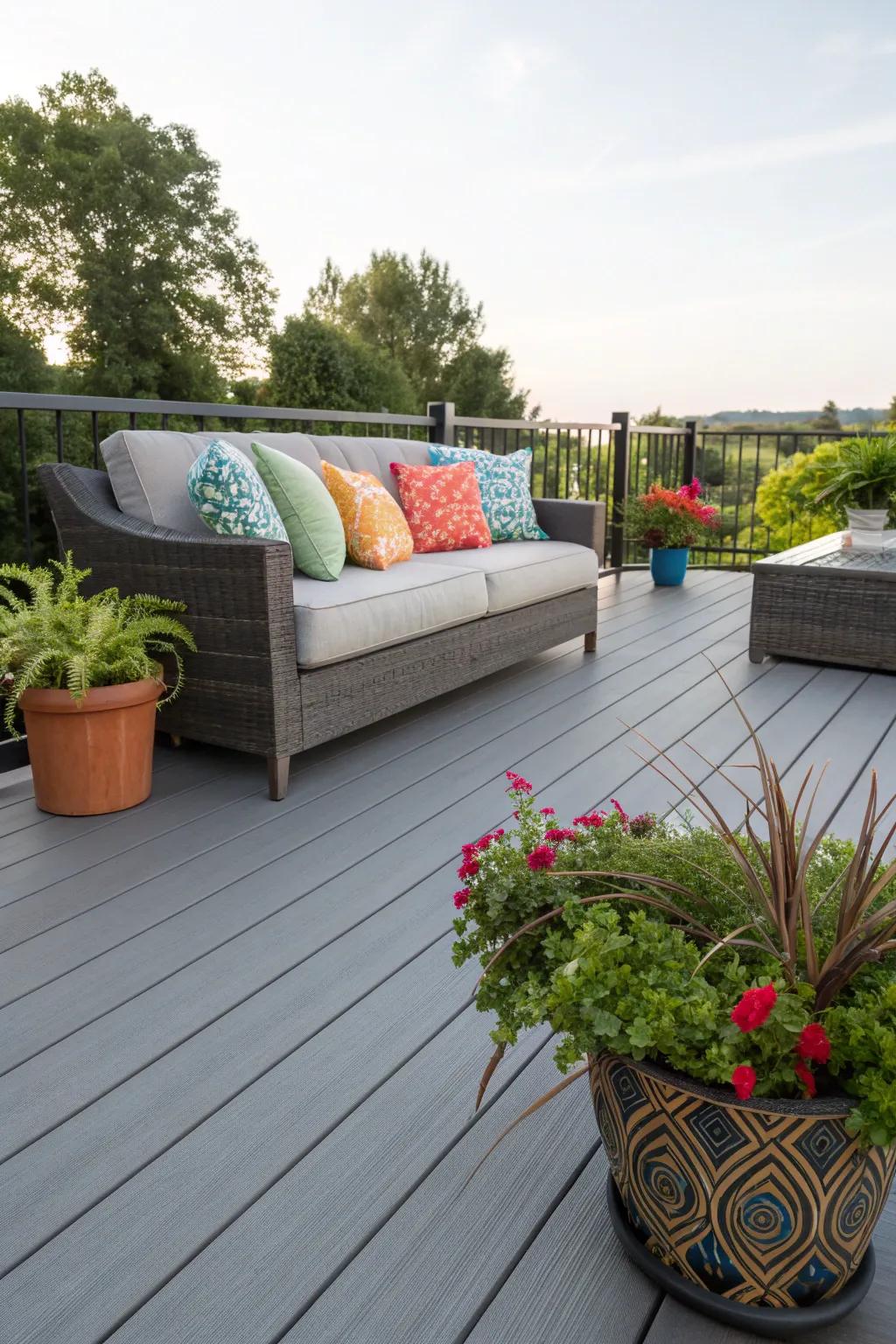 Create a cozy outdoor lounge with soft seating and vibrant accents.