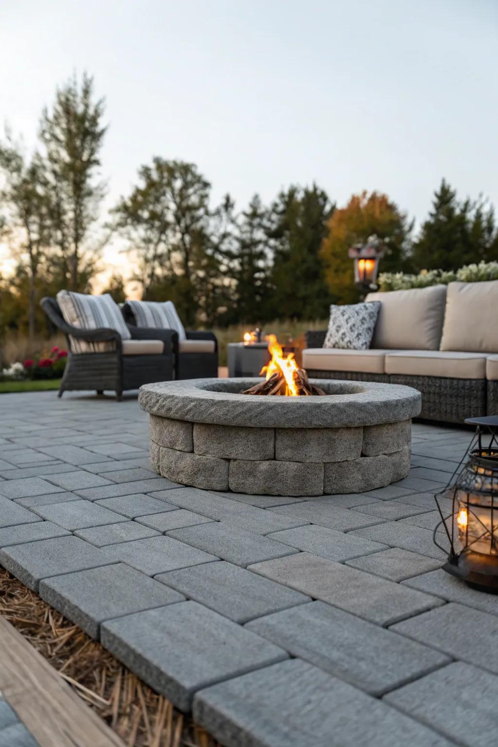 A gray paver patio featuring a central fire pit, ideal for cozy gatherings.