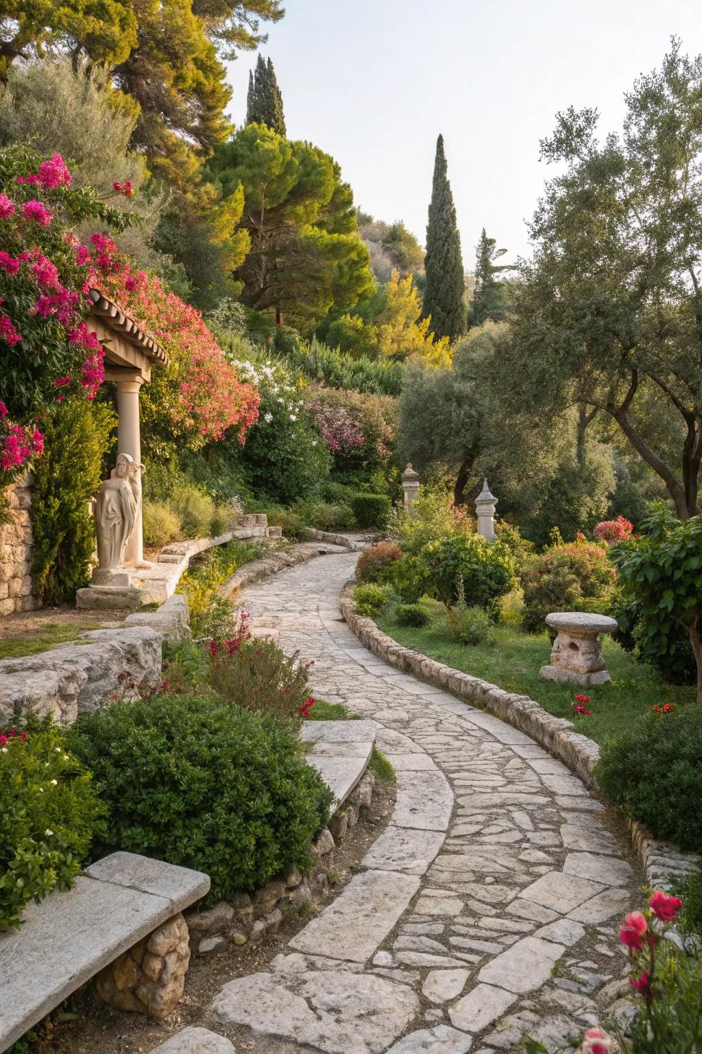 Winding stone pathways create a charming and authentic feel in a Greek garden.