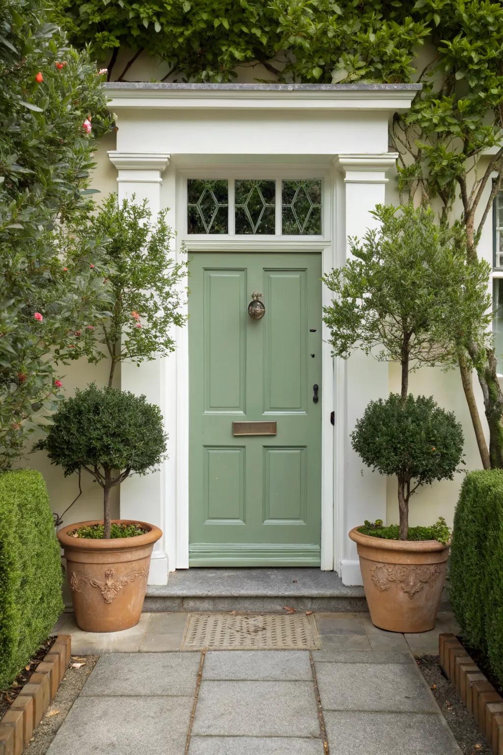 A sage green door paired with white trim creates a classic look.