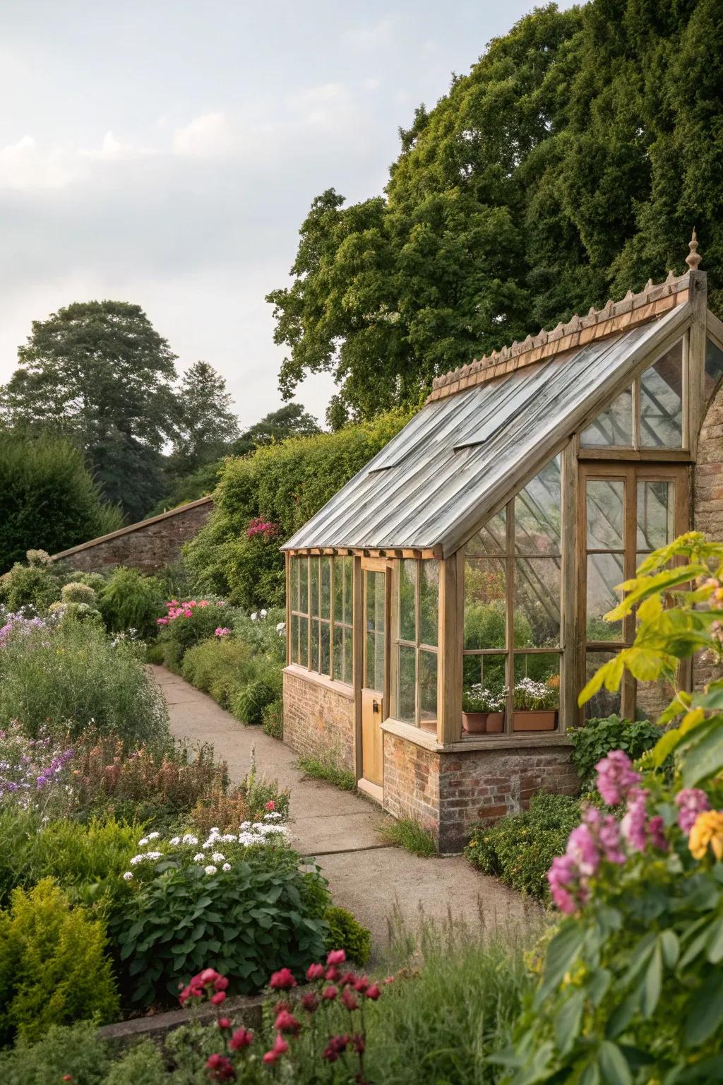 Timeless elegance of a classic English greenhouse nestled in a garden.