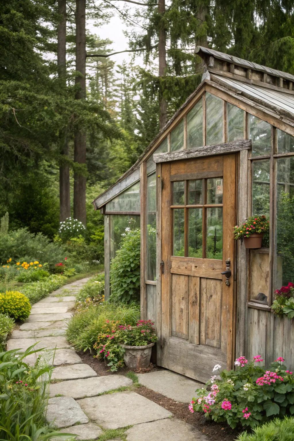 Embrace the rustic charm with a classic wooden door for your greenhouse.