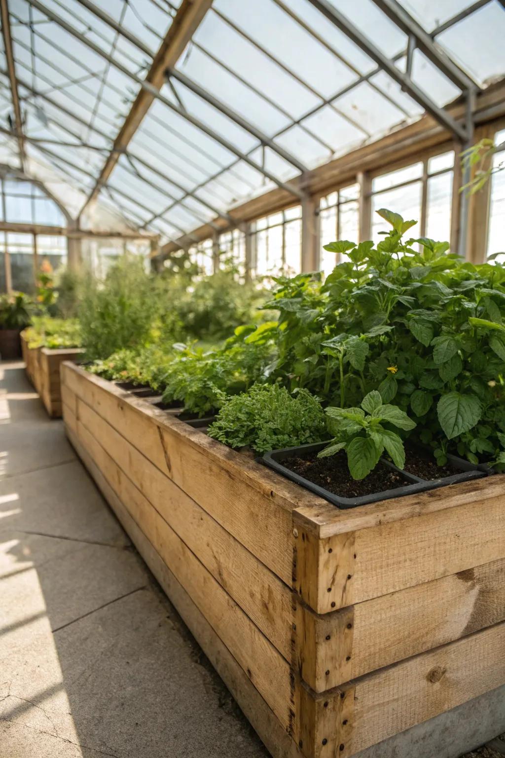 Raised planter boxes offer style and convenience in your greenhouse.