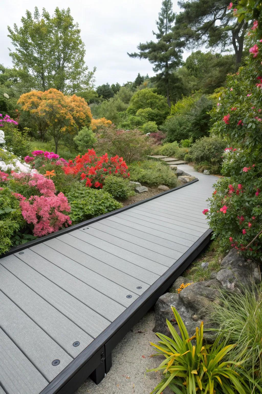 A stunning grey deck framed with black borders, surrounded by vibrant garden plants.