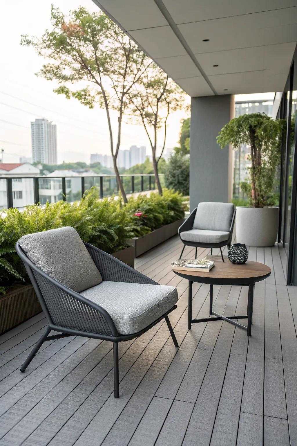 A sleek lounge area showcasing the elegance of grey composite decking.
