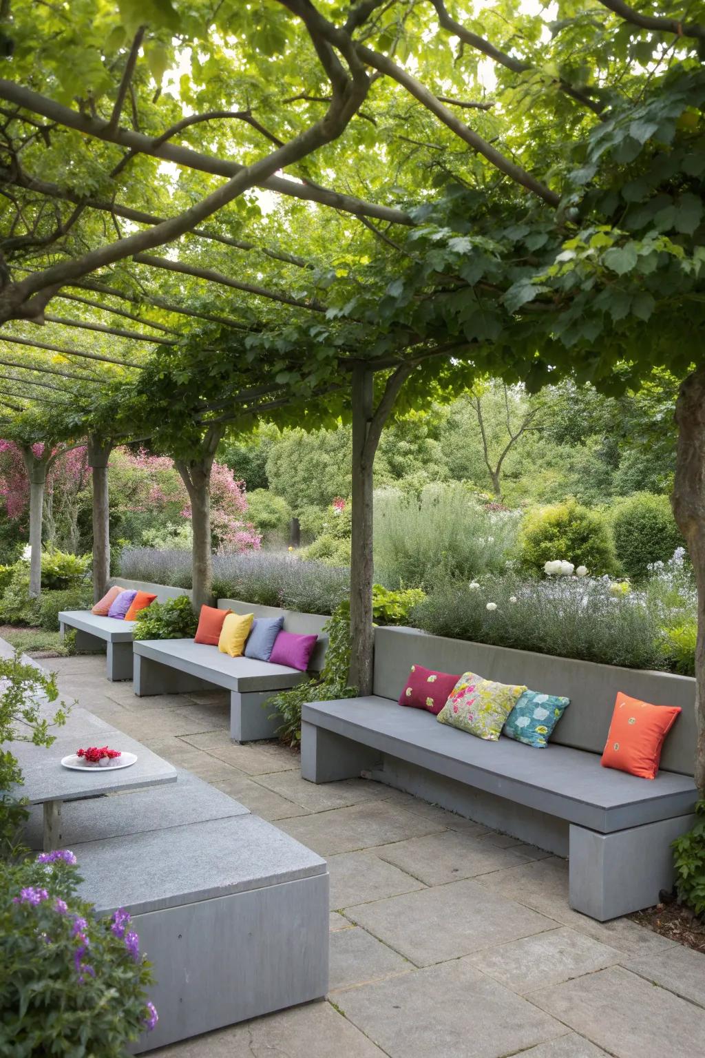 A cozy garden seating area featuring grey benches adorned with vibrant cushions.