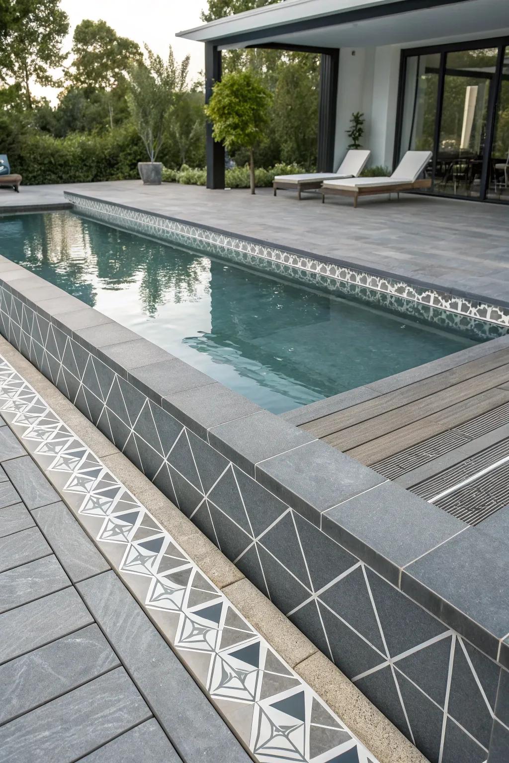 Contemporary pool featuring sleek grey geometric tiles