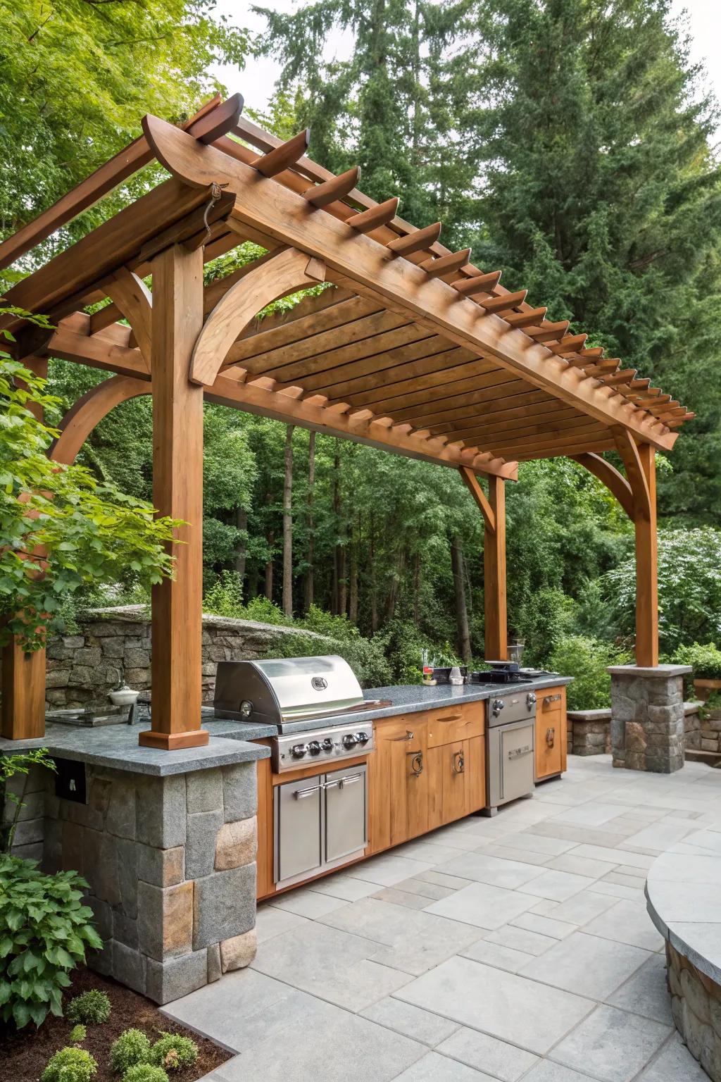 Embrace the rustic charm with a wooden grill canopy.