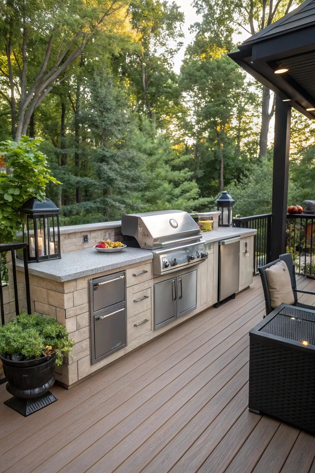 An elegant outdoor kitchen setup on a deck.