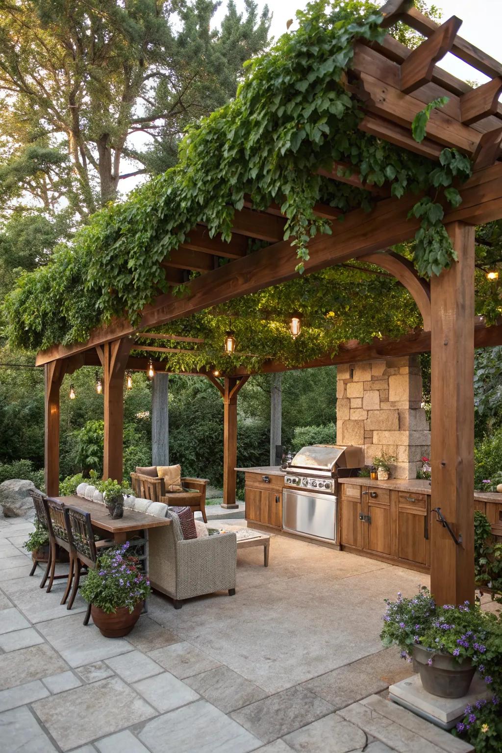 A classic wooden pergola offers shade and style to your grill area.