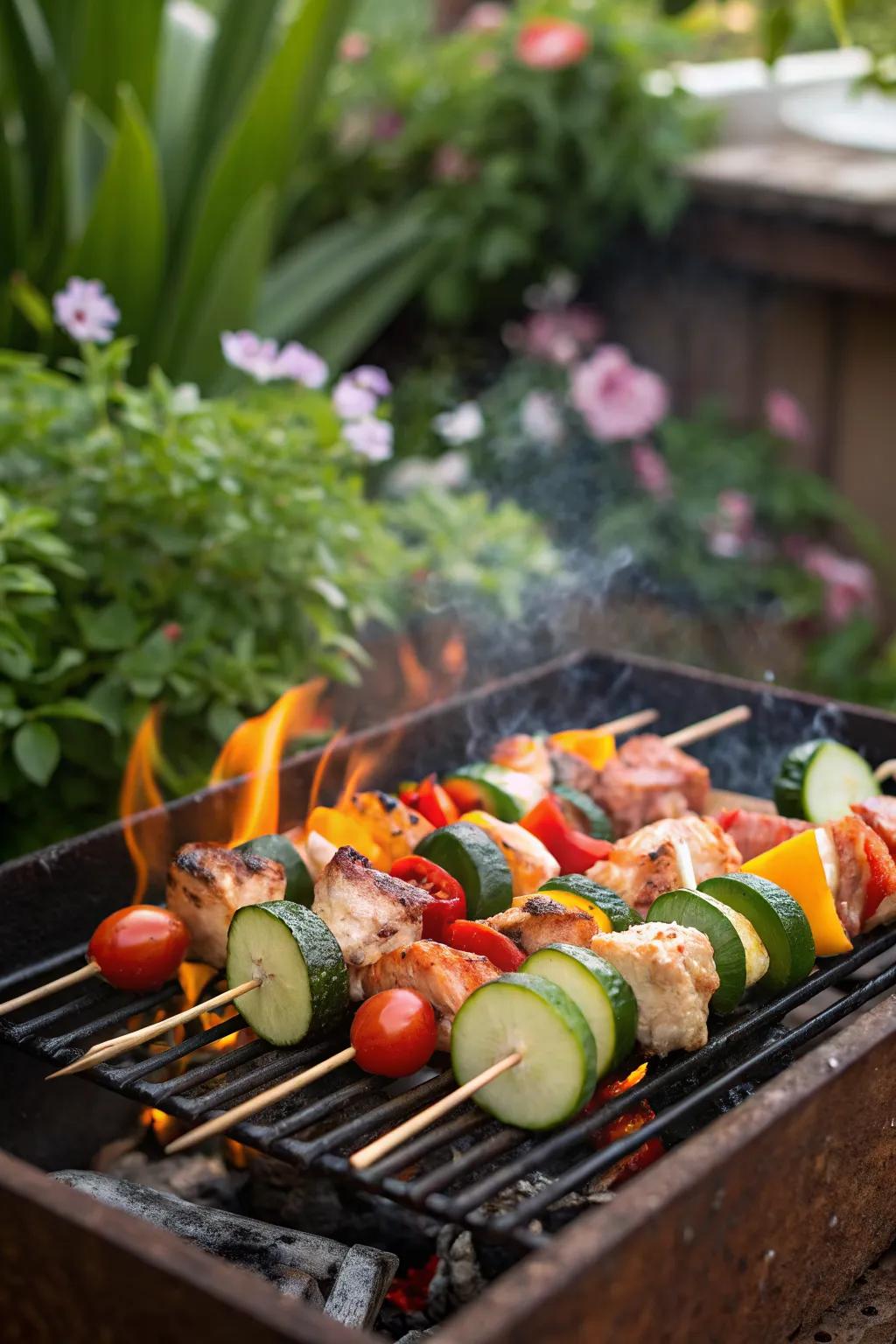 Delicious and colorful skewers sizzling on the grill.