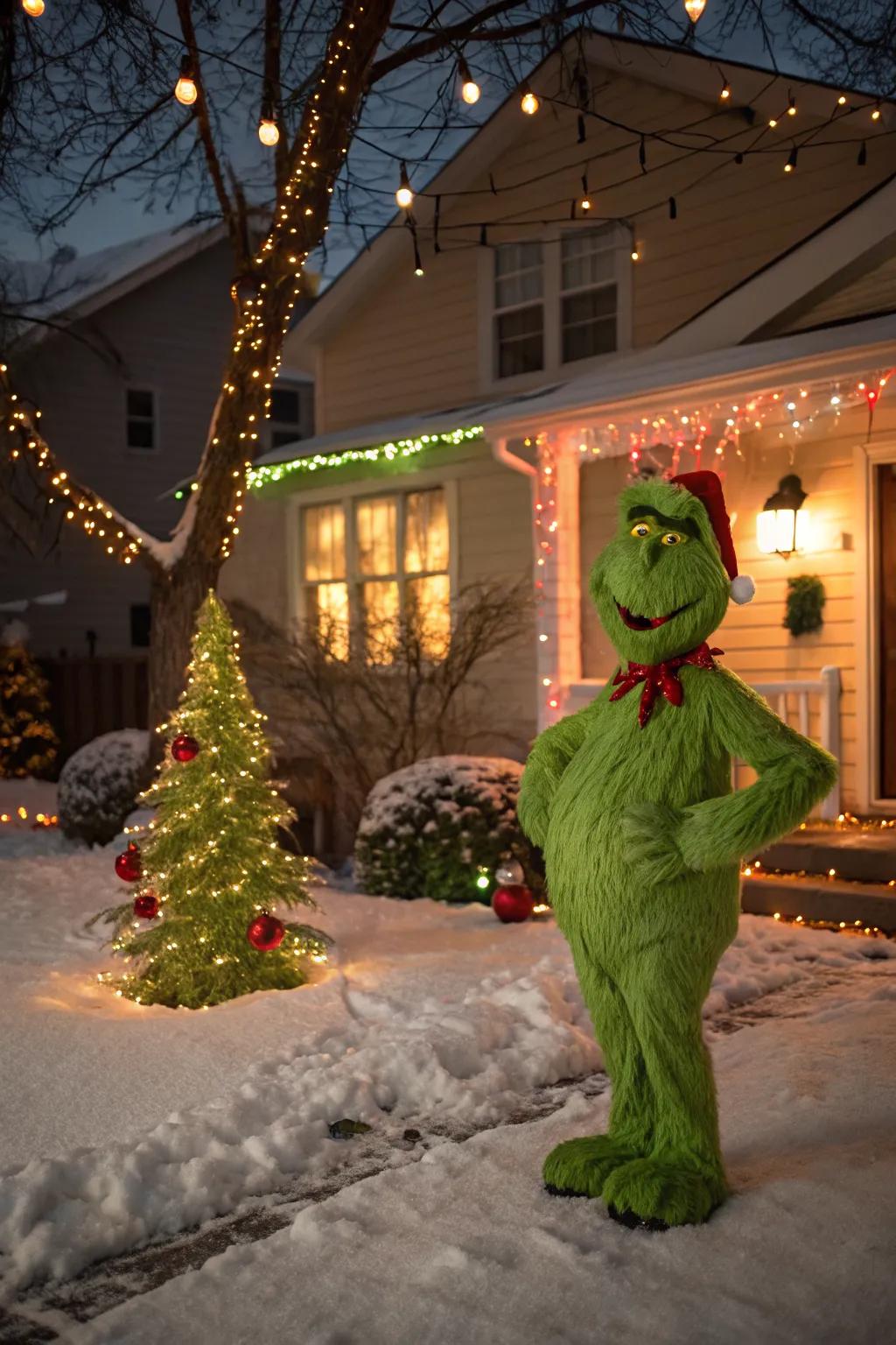 A DIY life-size Grinch figure standing proudly in a festive yard.