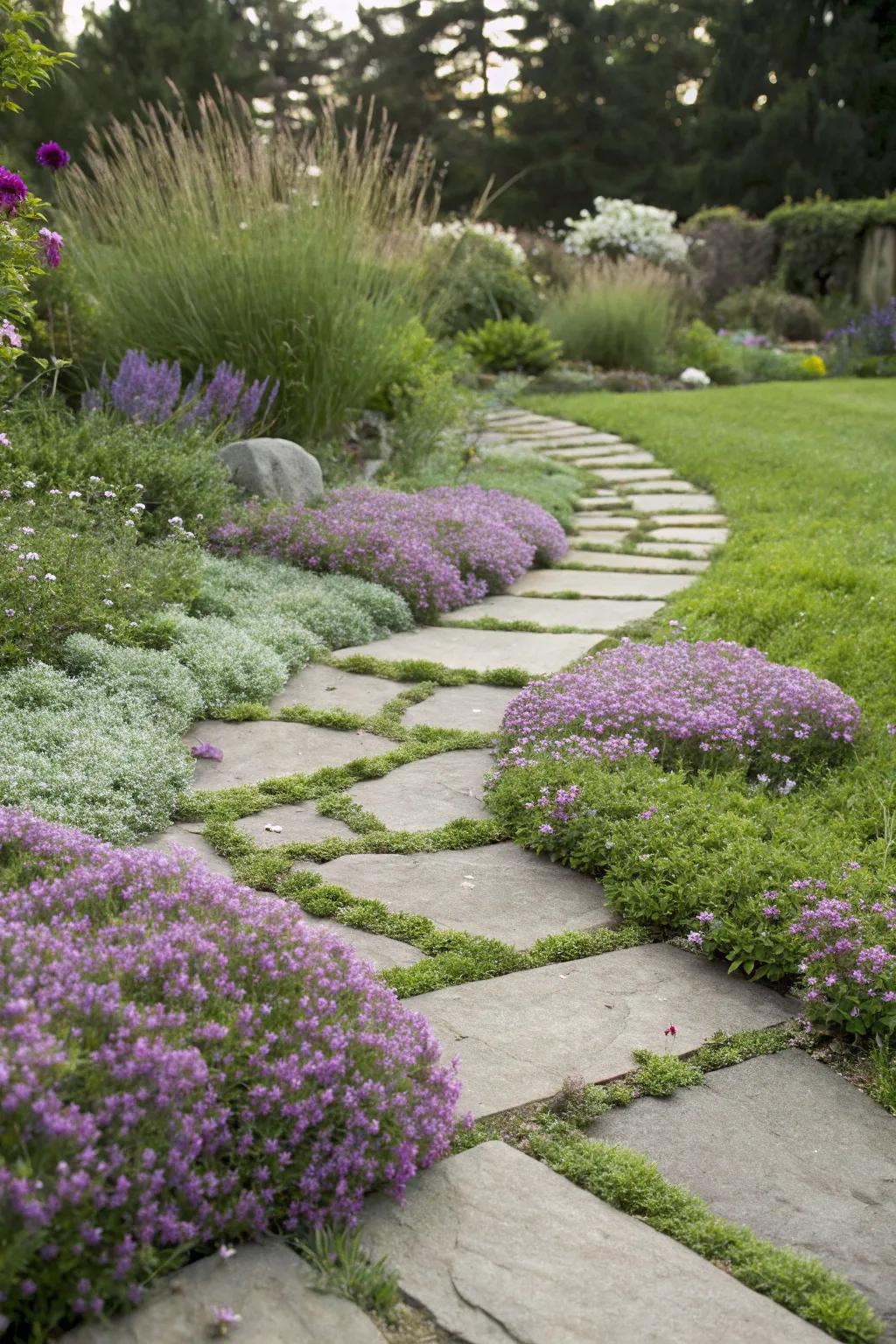 Garden path with creeping thyme nestled between stepping stones