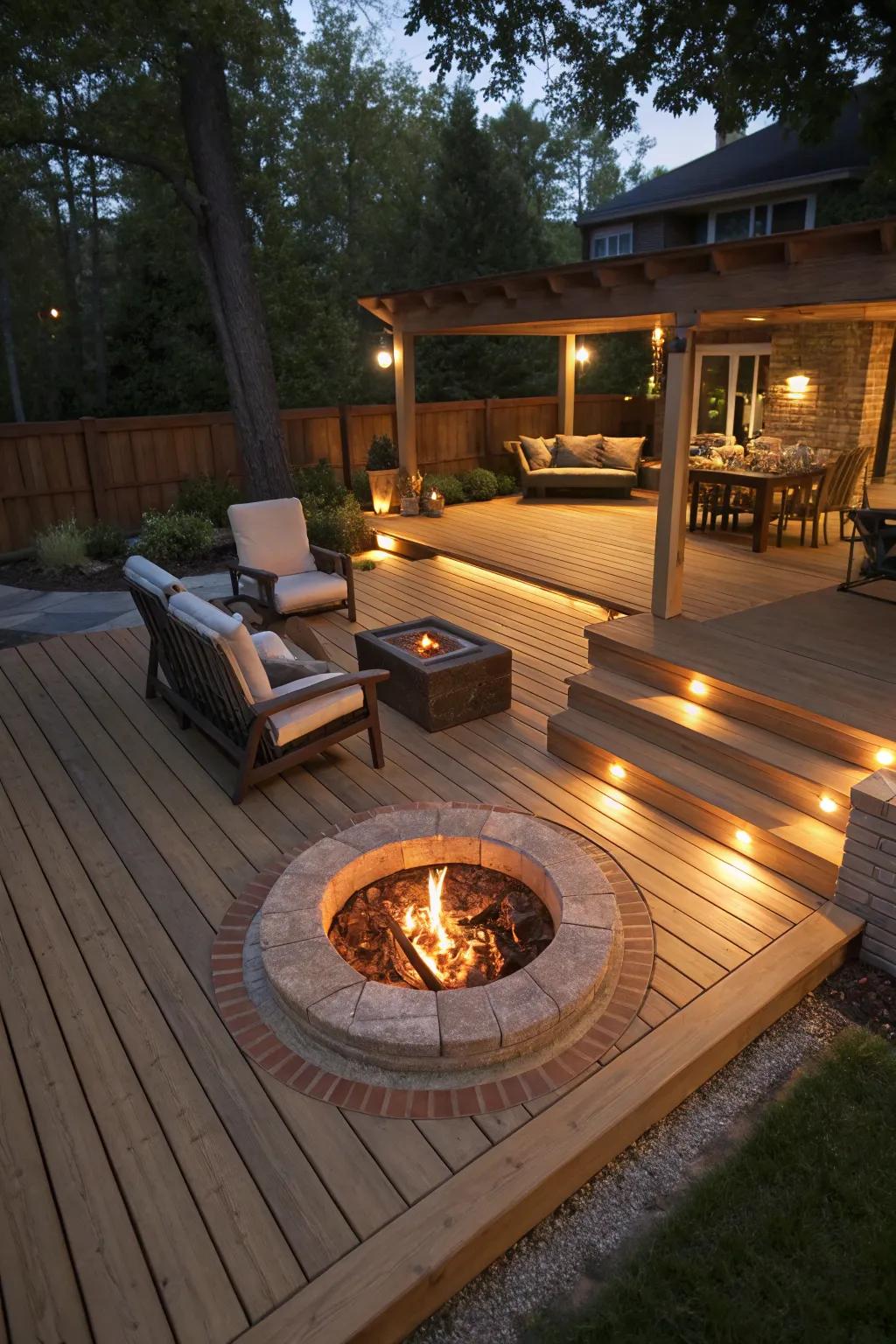 A sunken fire pit nestled within a stylish deck.