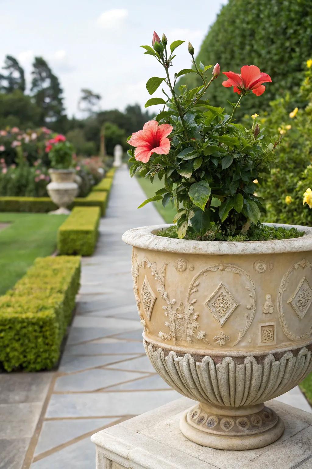 Artistic ceramic pot cradles a vibrant hibiscus in a chic garden setting.