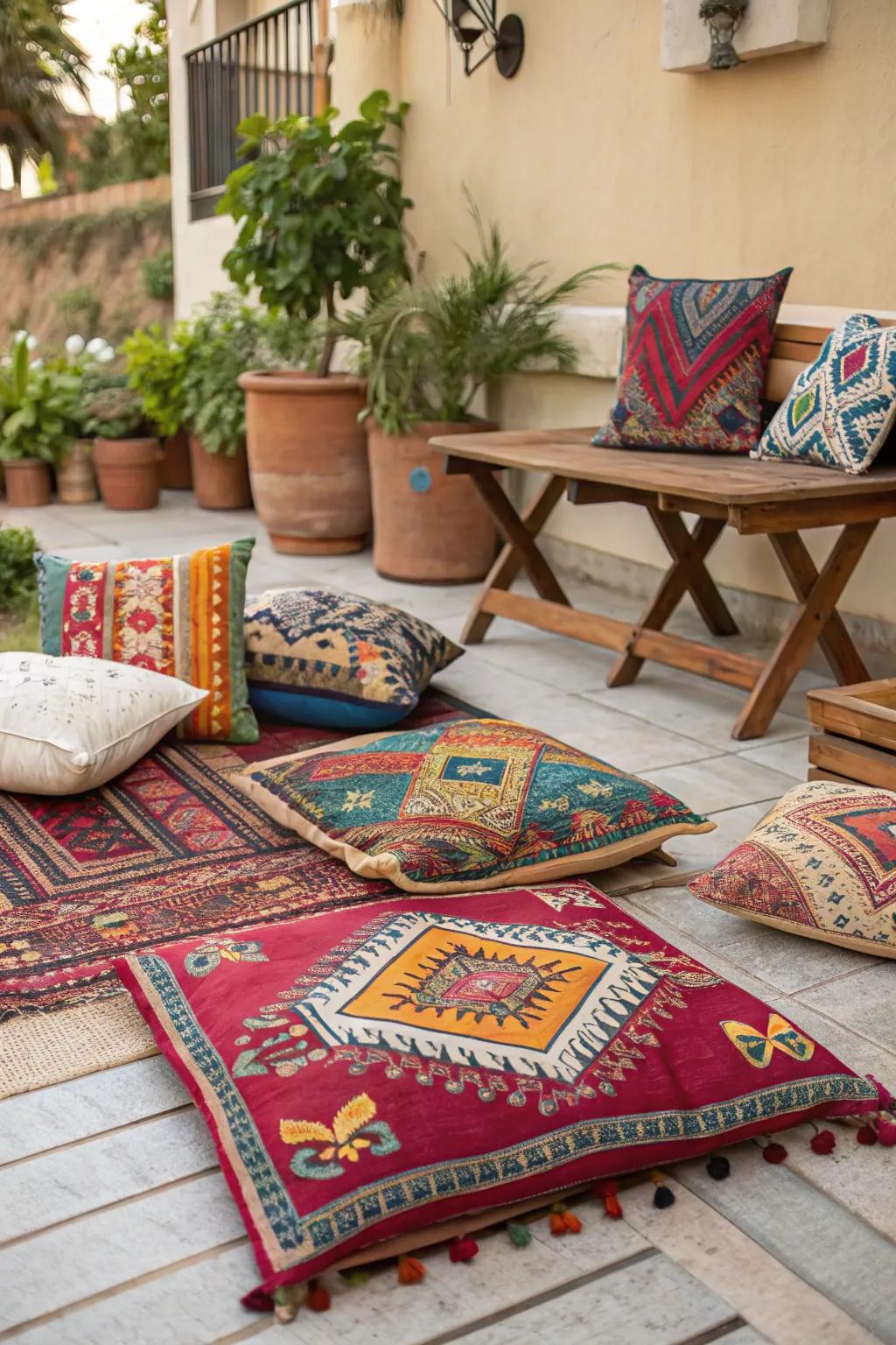 A patio adorned with colorful bohemian rugs and pillows.