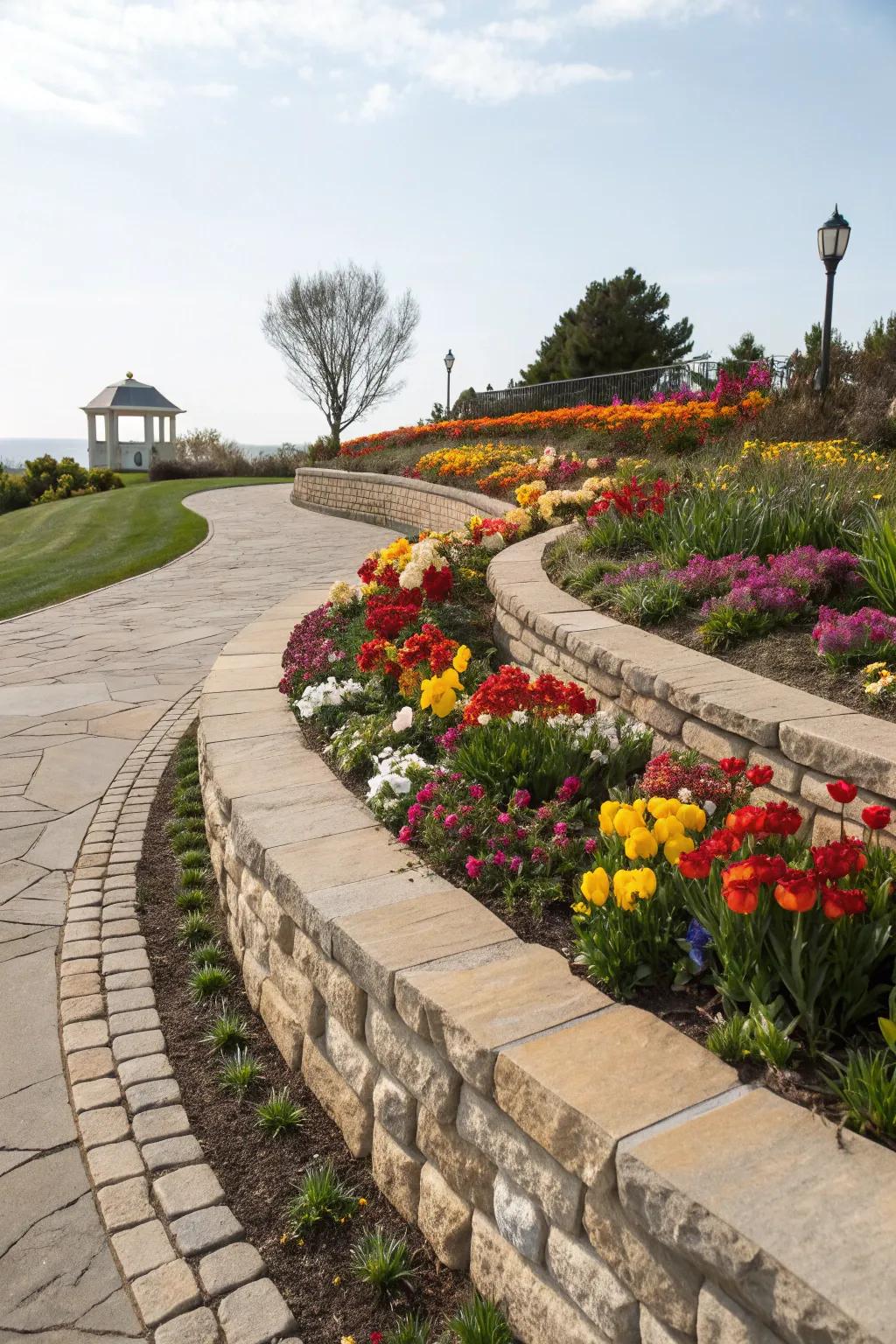 Stone borders add structure and rustic charm to this half-circle flower bed.
