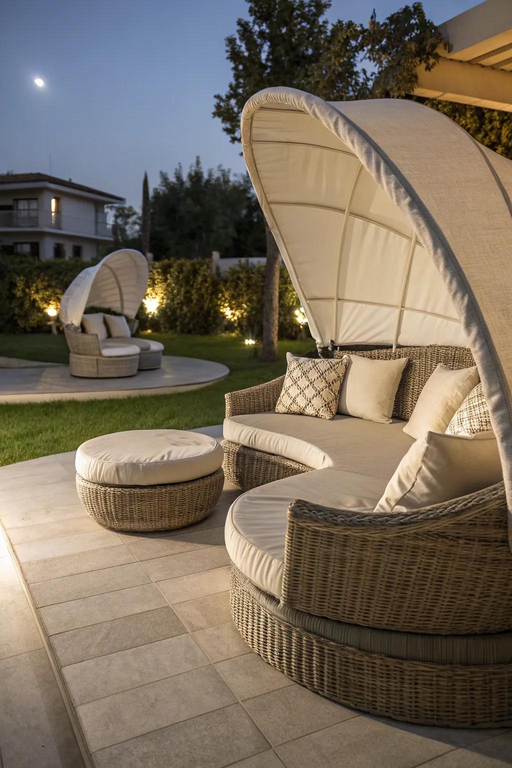 Curved wicker seating creates a cozy nook on a half-moon patio
