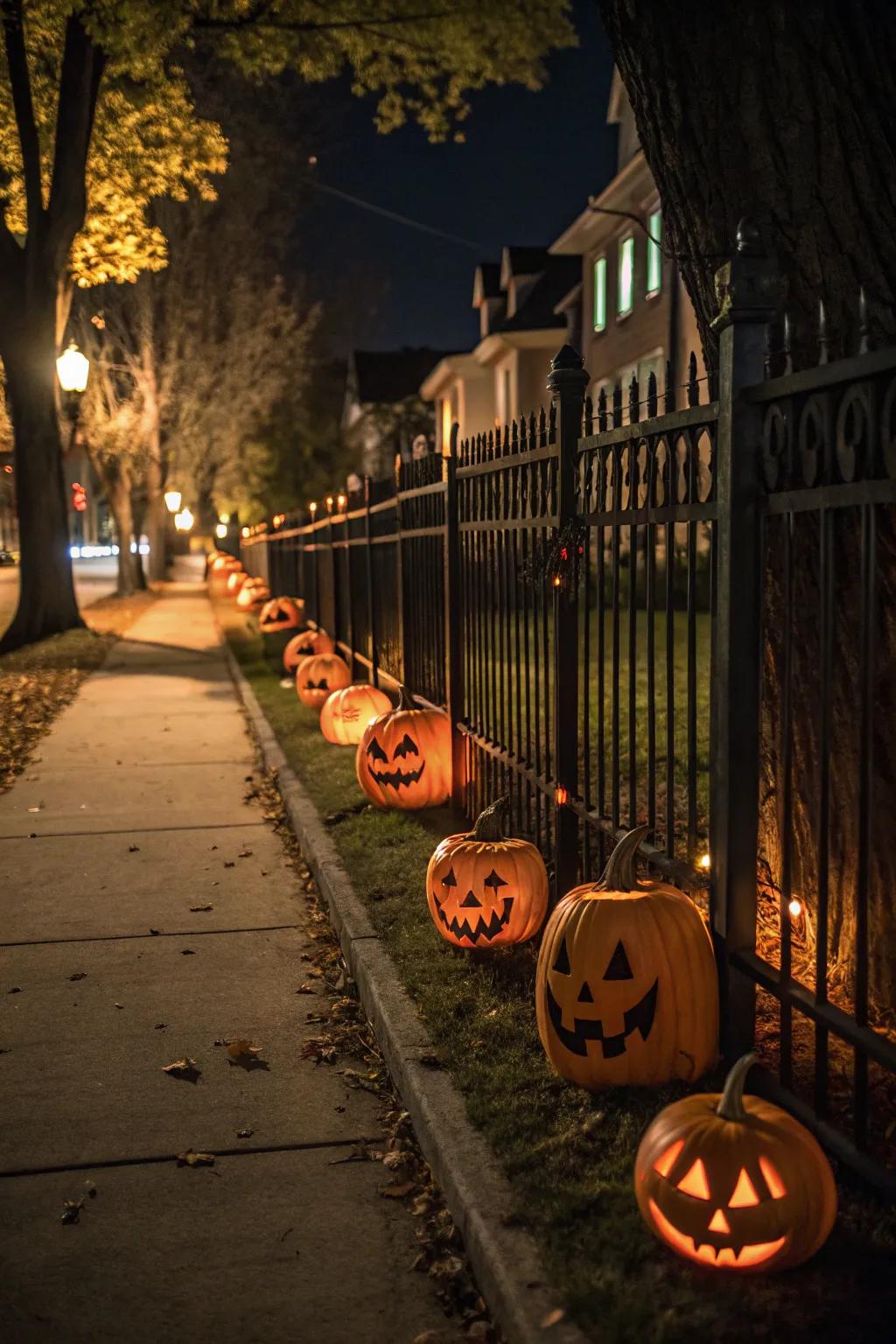 A parade of pumpkins brings festive charm to any Halloween fence.