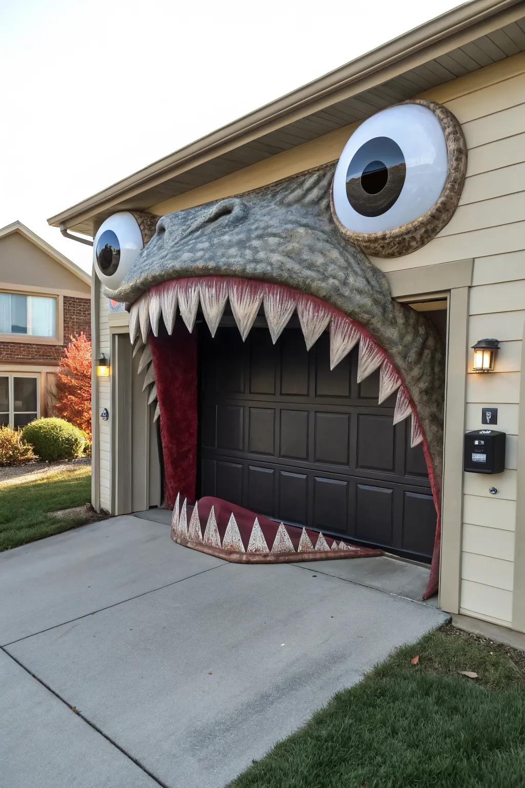A garage door transformed into a monstrous grin.