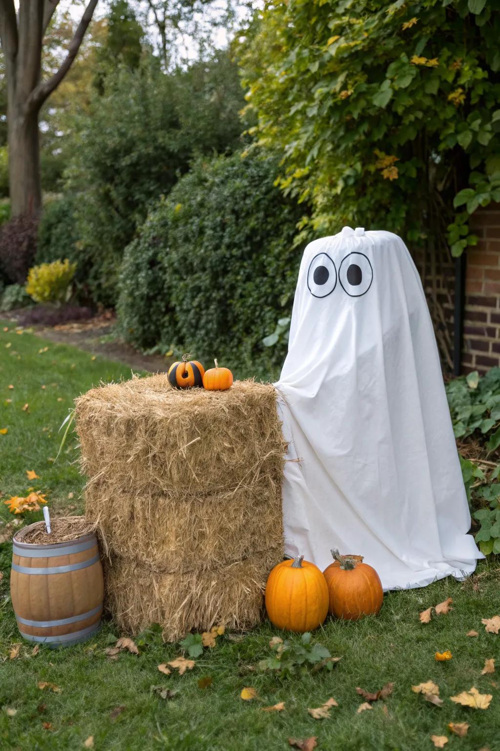 Transform your hay bale into a friendly mummy for Halloween fun.