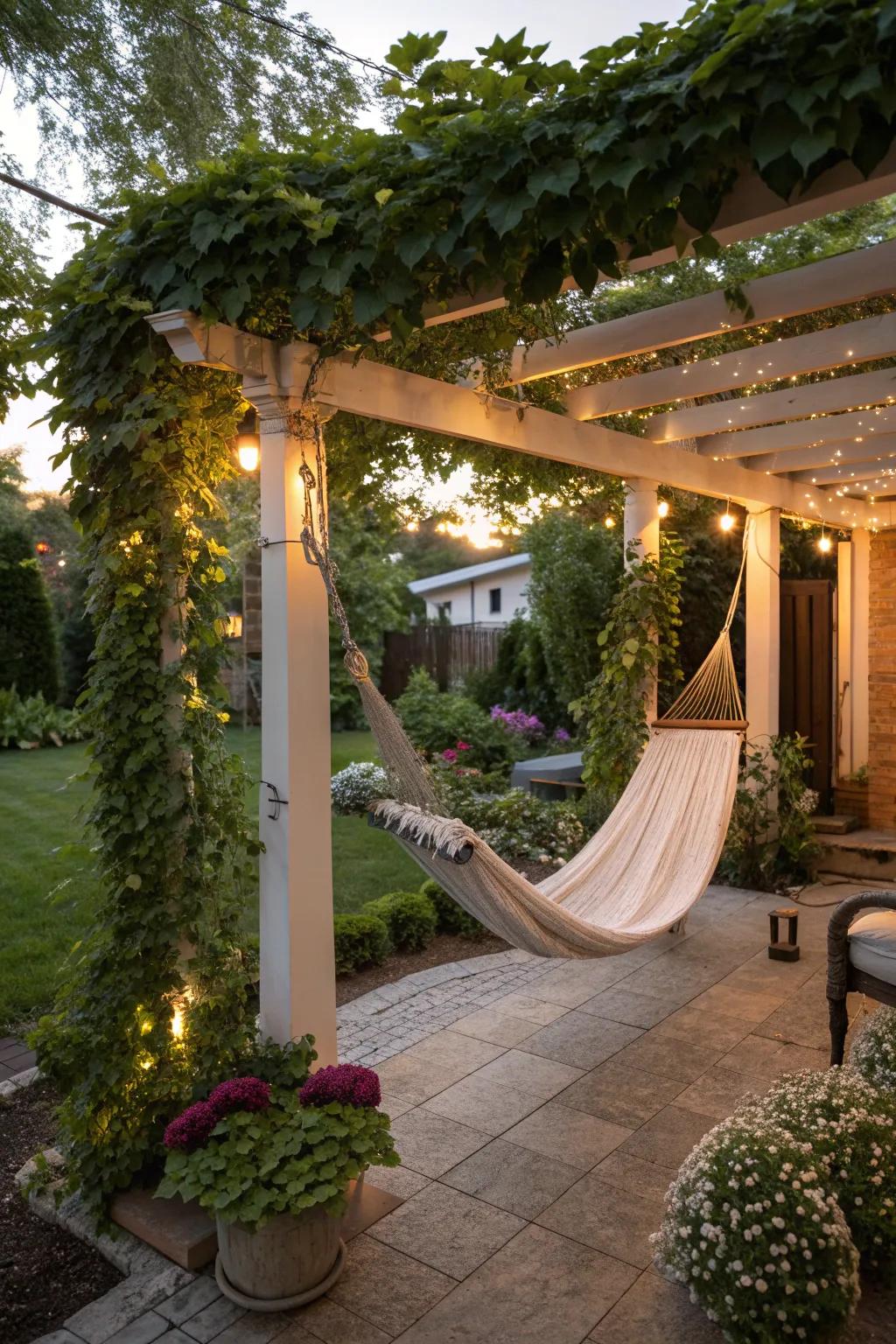 A pergola with a hammock creates a cozy nook perfect for relaxation.