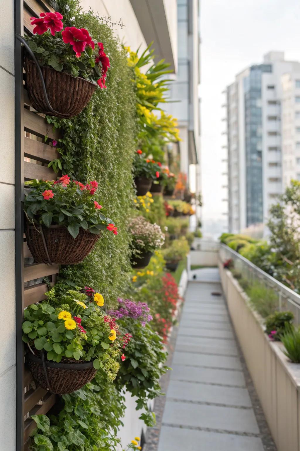 Bright planters filled with flowers create a stunning vertical garden on a wall.