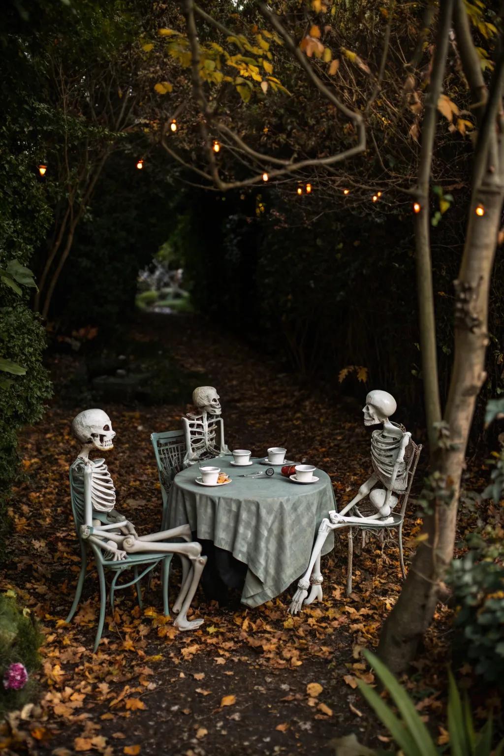 A spooky tea party with skeletons brings humor and fright to your garden.