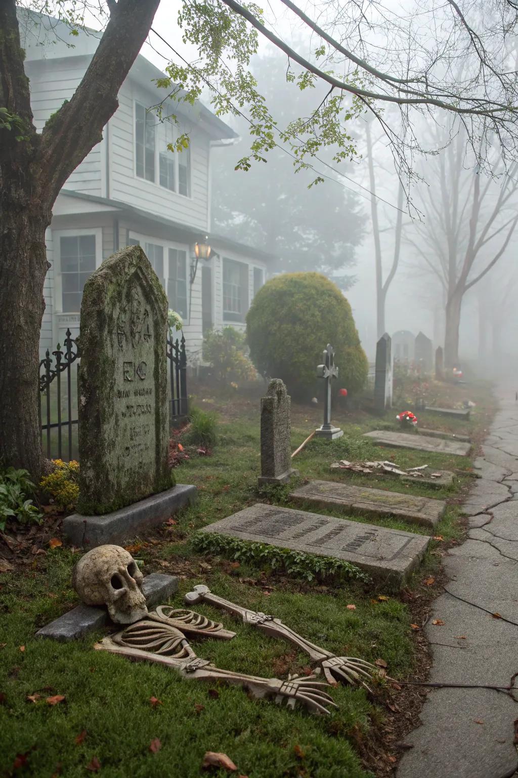 Craft a graveyard scene with tombstones and skeletons for a spooky effect.