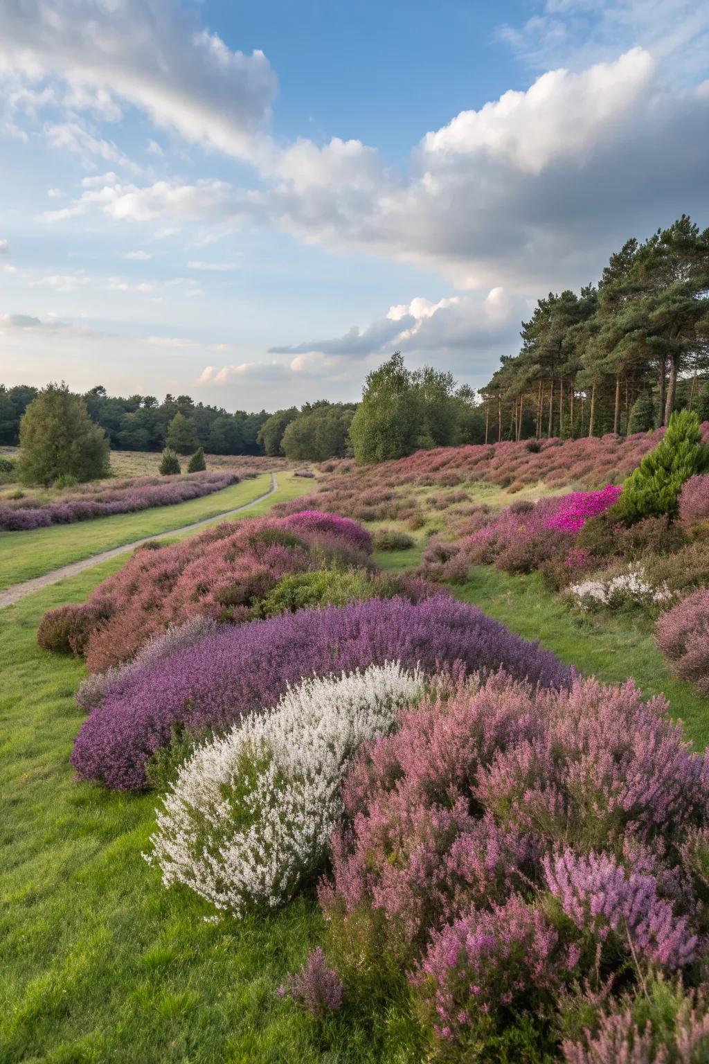 An expansive landscape filled with vibrant heather blooms.