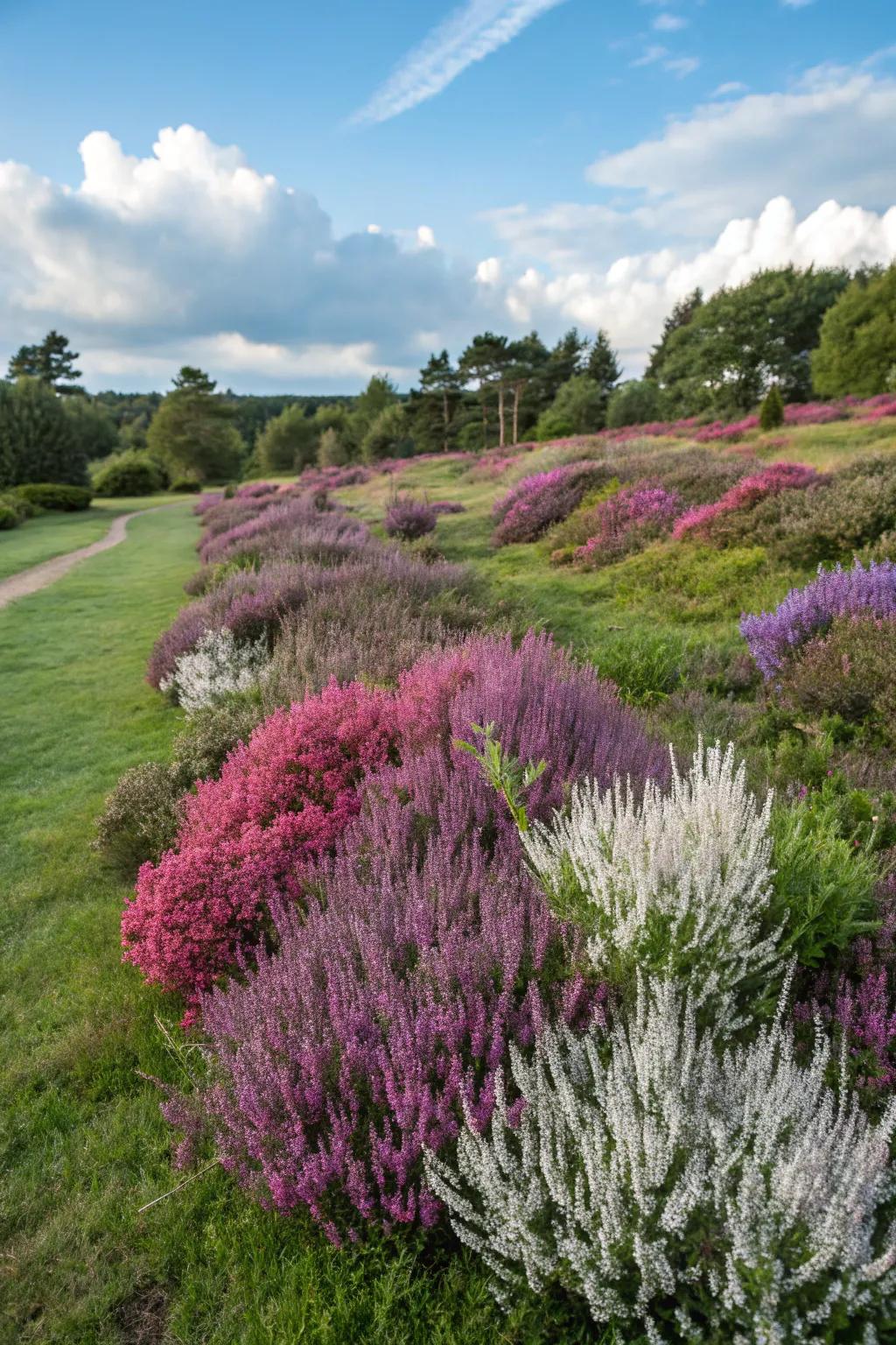 A vibrant carpet of heathers in a garden setting.