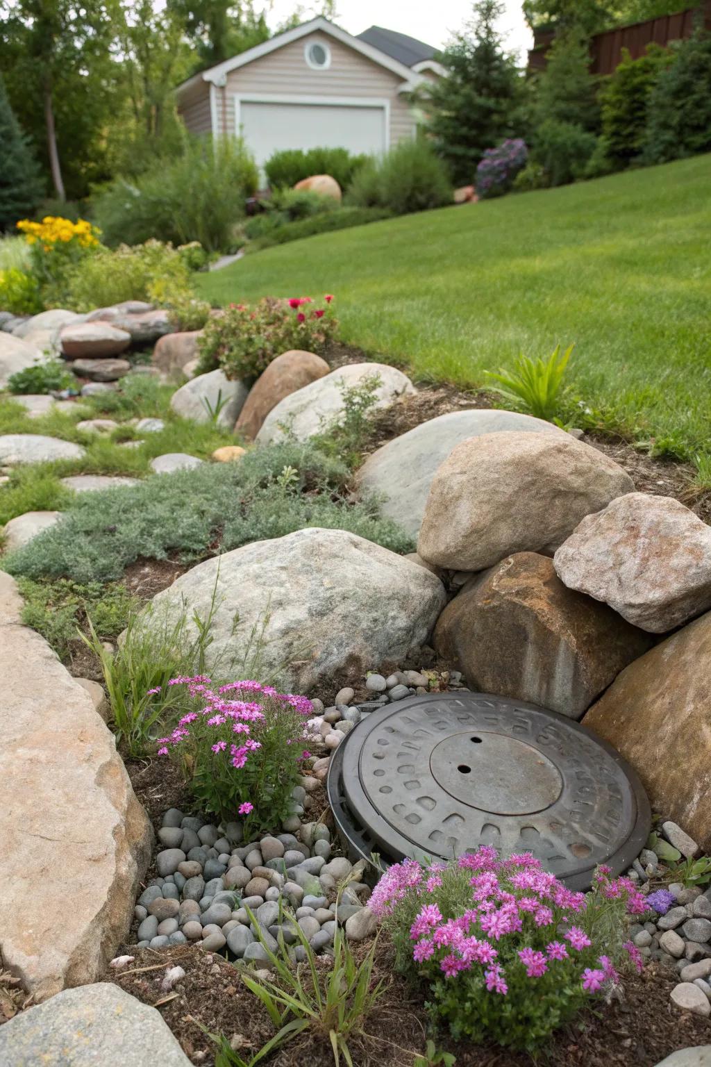 A cleverly disguised septic tank cover using a rockery with decorative stones adds natural appeal.