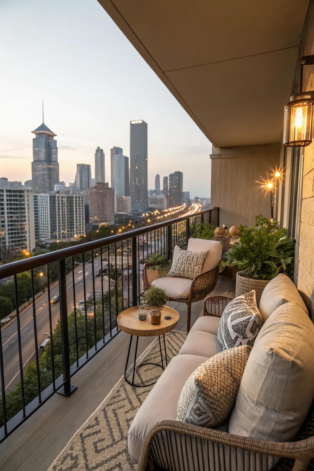 A serene seating area on a high-rise balcony, perfect for unwinding with a view.
