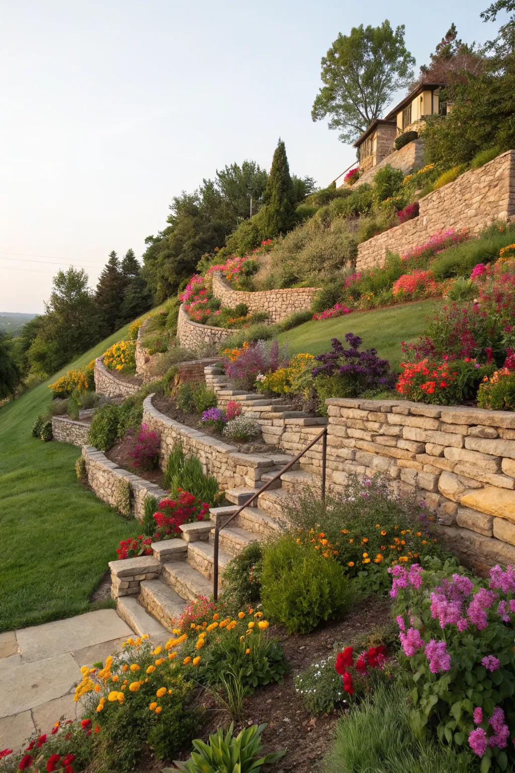 Terraced gardens bring structure and beauty to a sloped backyard.