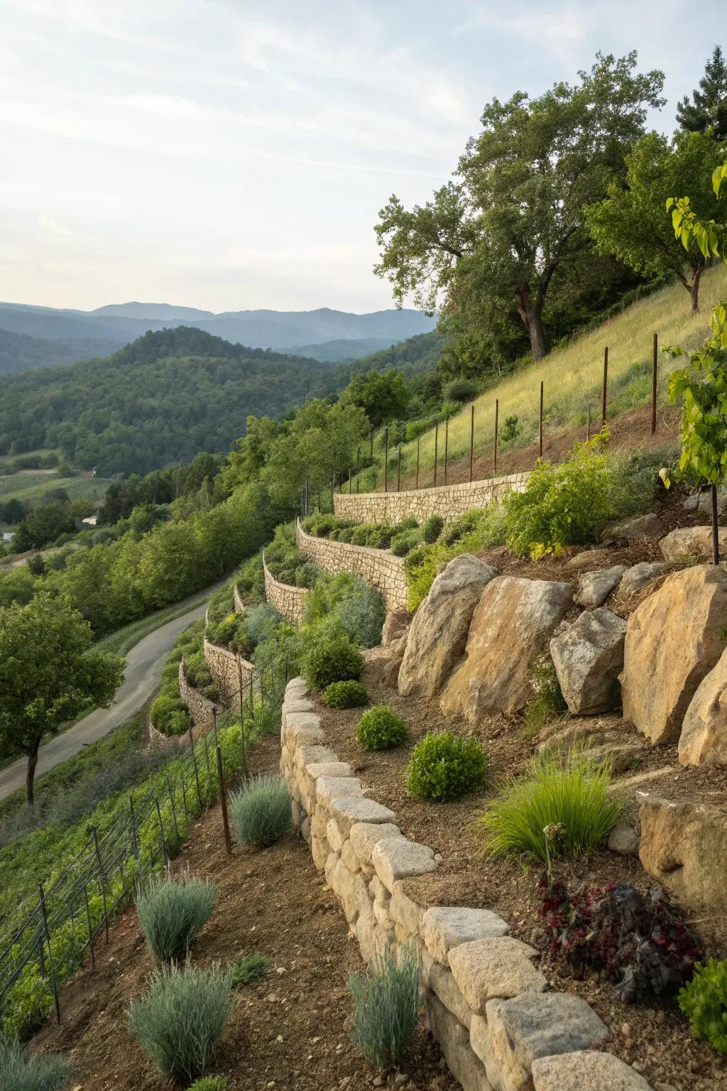 Terraced boulders transform this hillside into a tiered garden paradise.