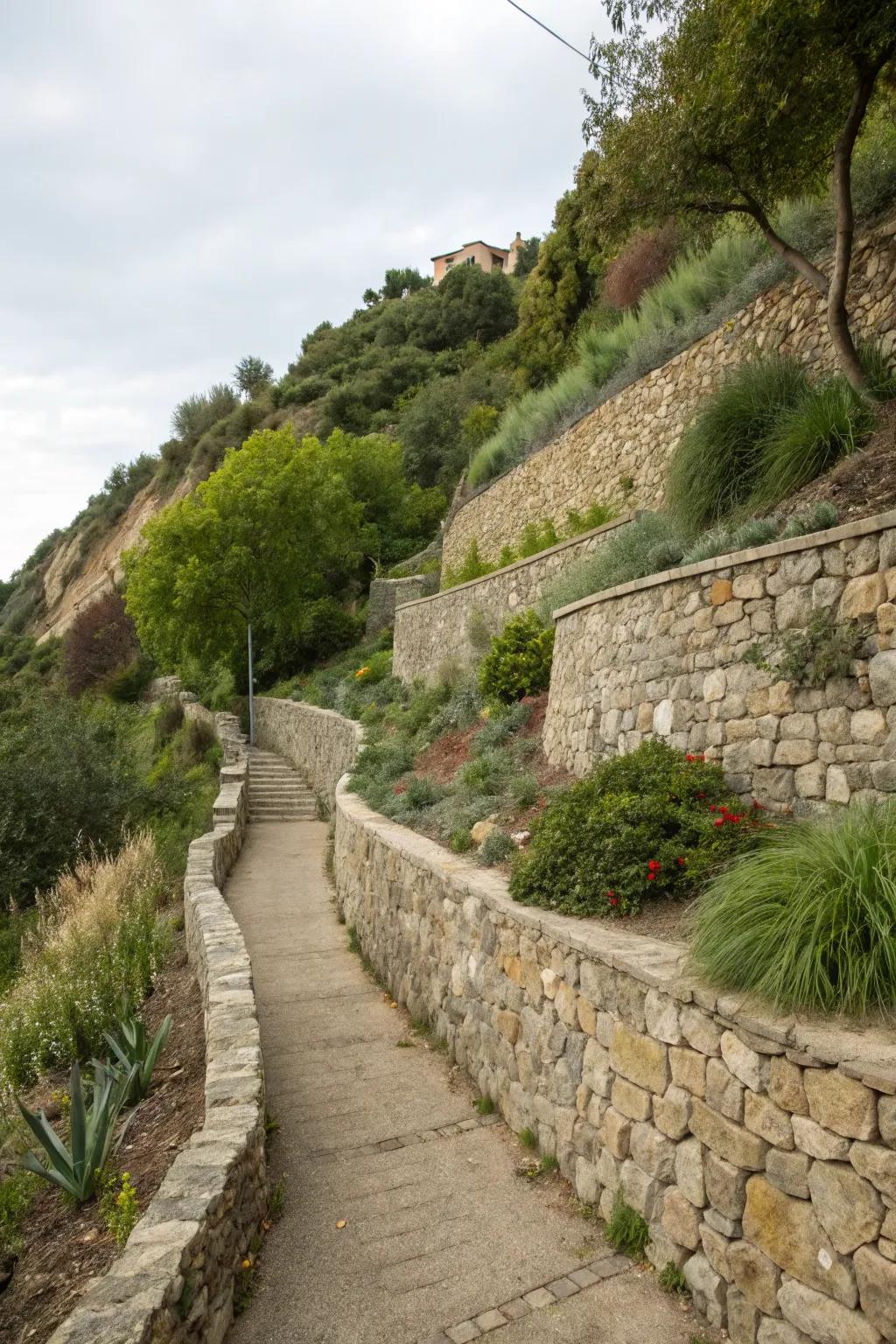A retaining wall that follows the slope preserves the natural beauty of the landscape.