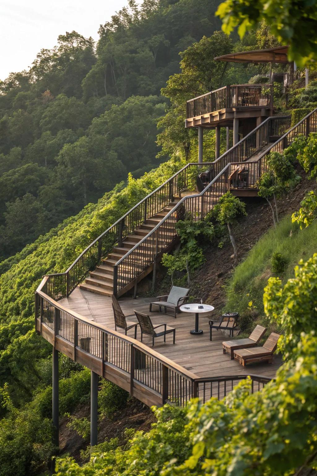 A terraced deck design that maximizes space and offers varied views.