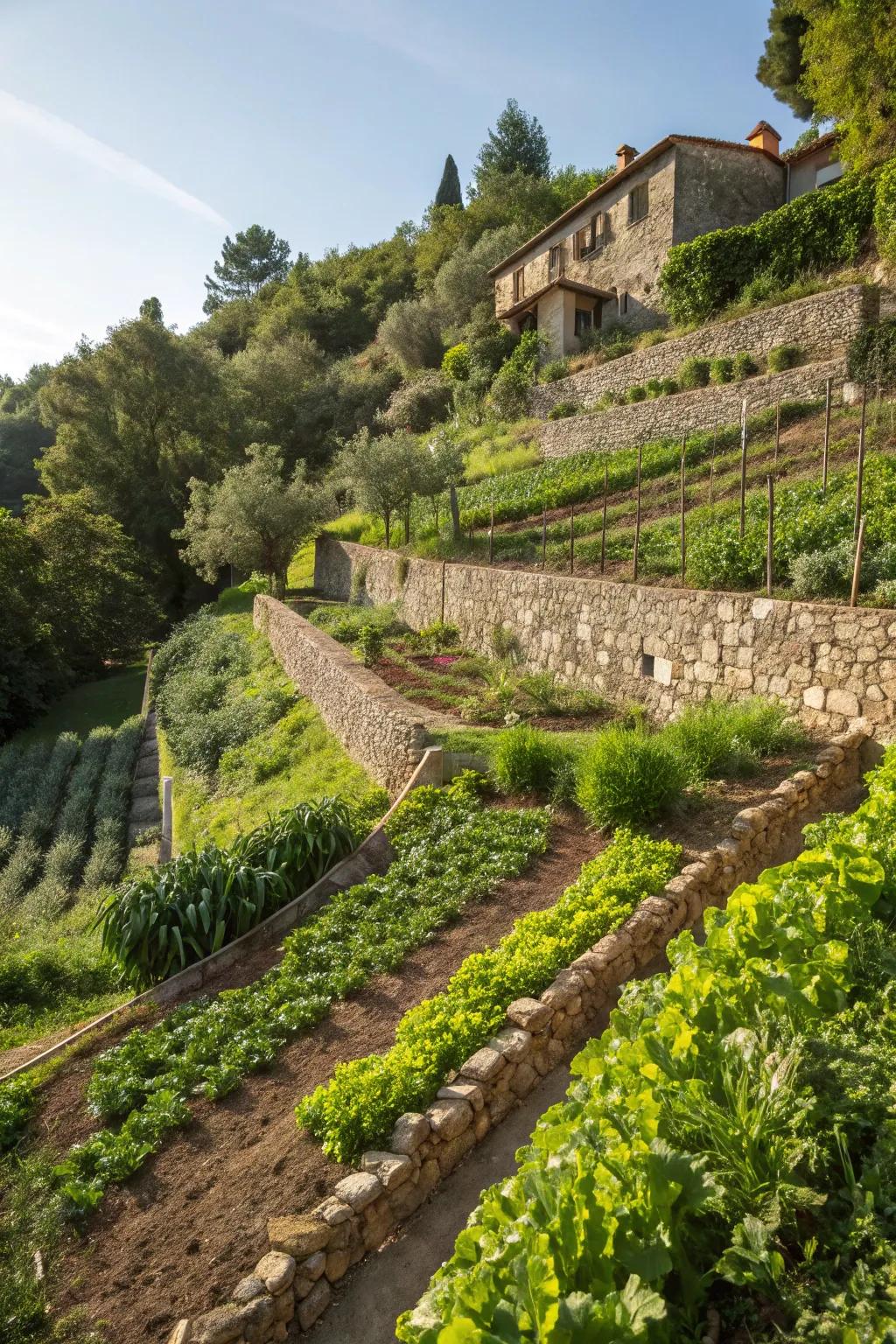 Terraced gardens offer a structured solution to hillside planting.