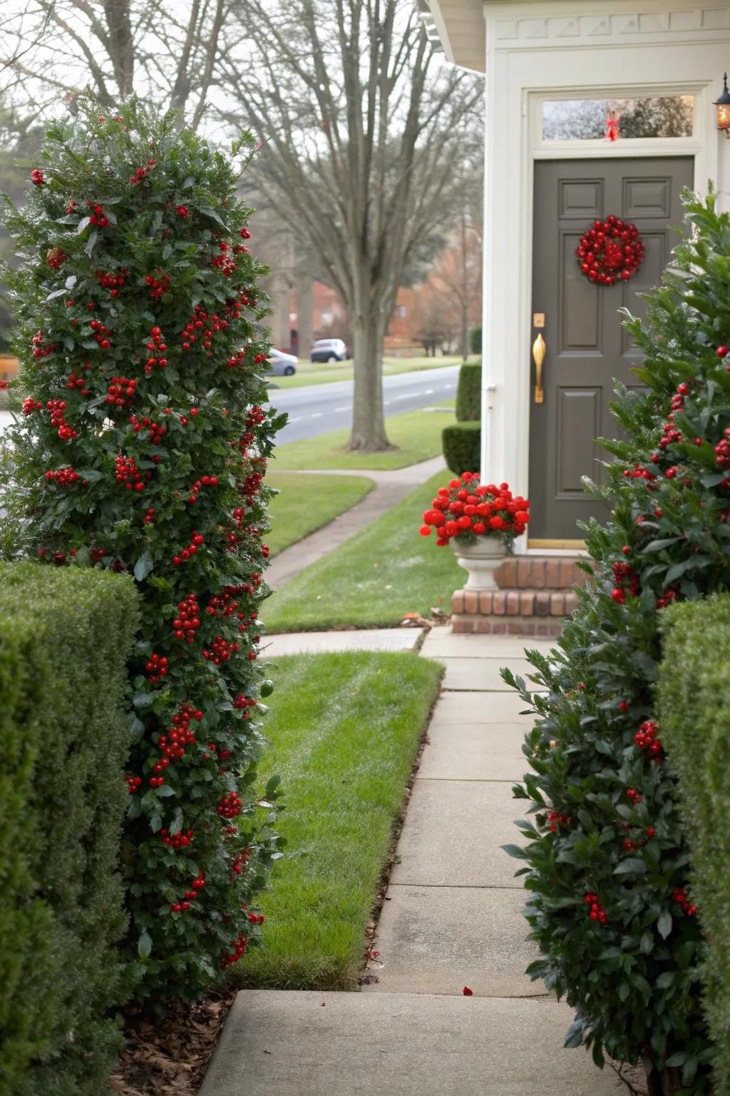 A welcoming entrance framed by symmetrical holly bushes.