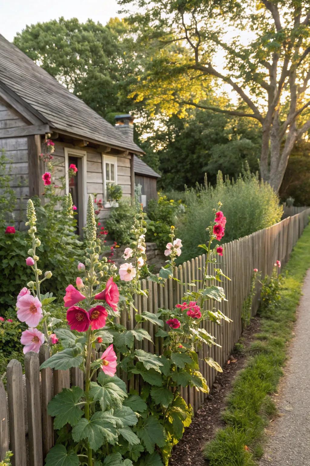 Cottage garden charm with hollyhocks framing a rustic fence.