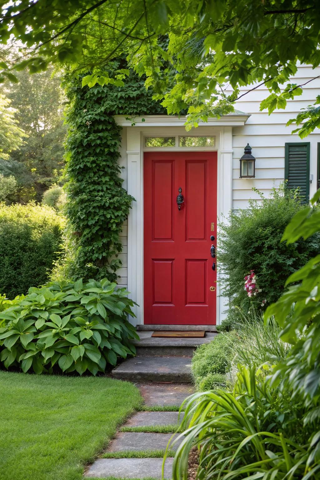 A striking red front door adding a pop of color to the home's entrance.