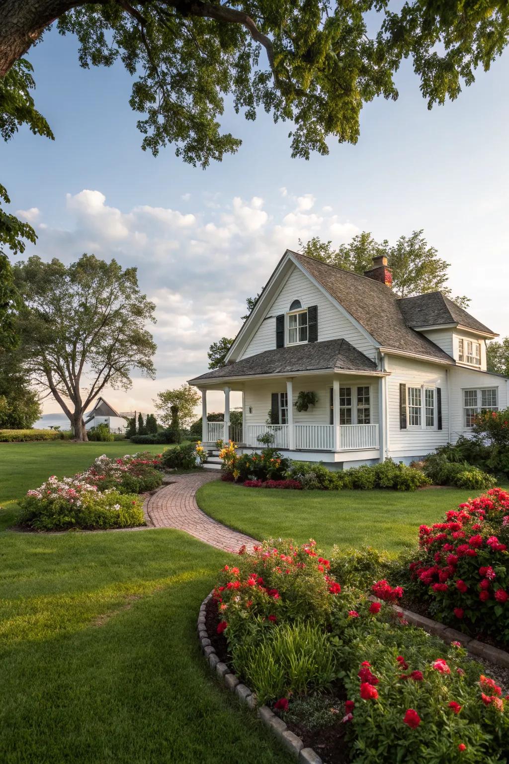 A classic white exterior paired with vibrant greenery.